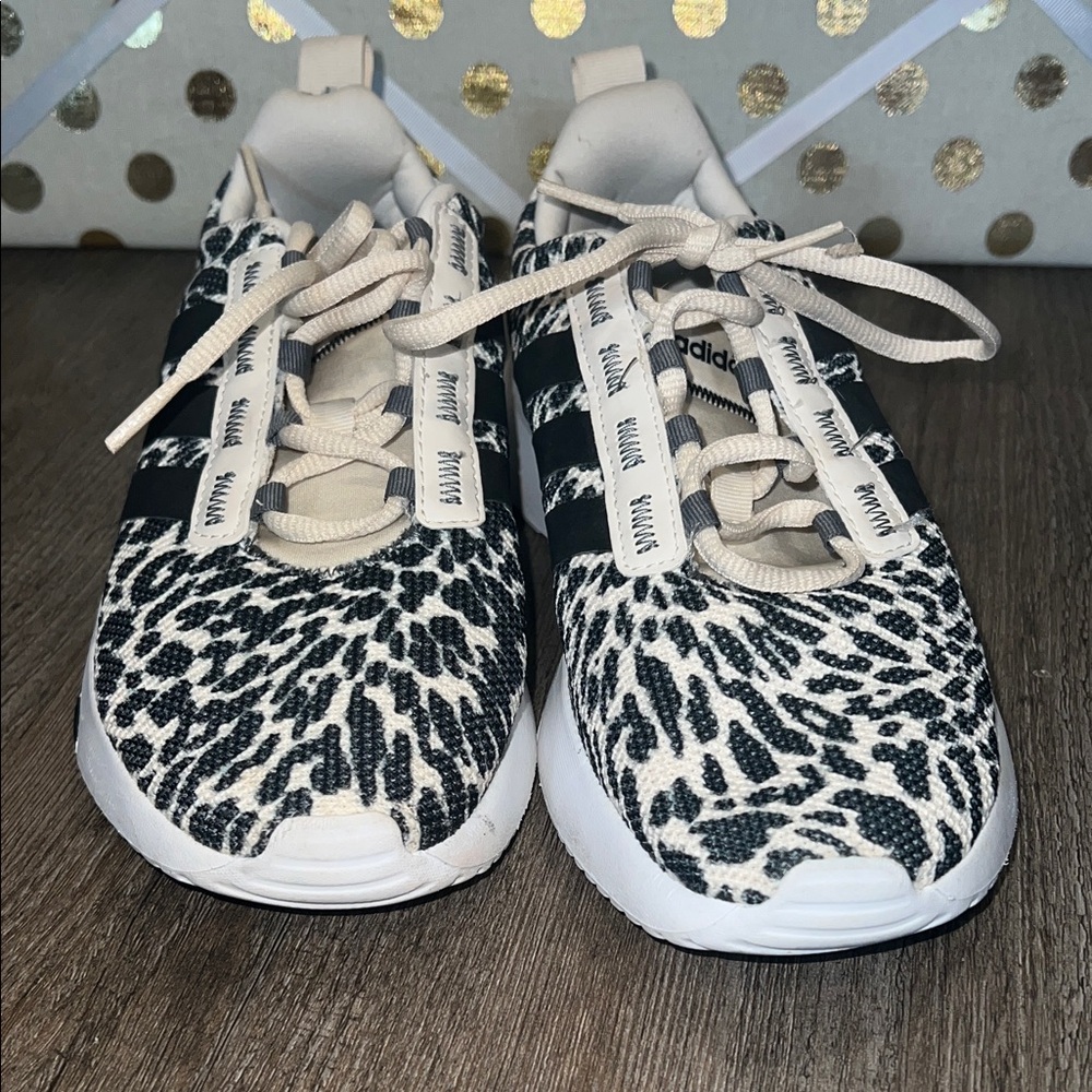 adidas Leopard-Accent Cloudfoam Sneakers in Black & Cream size 4